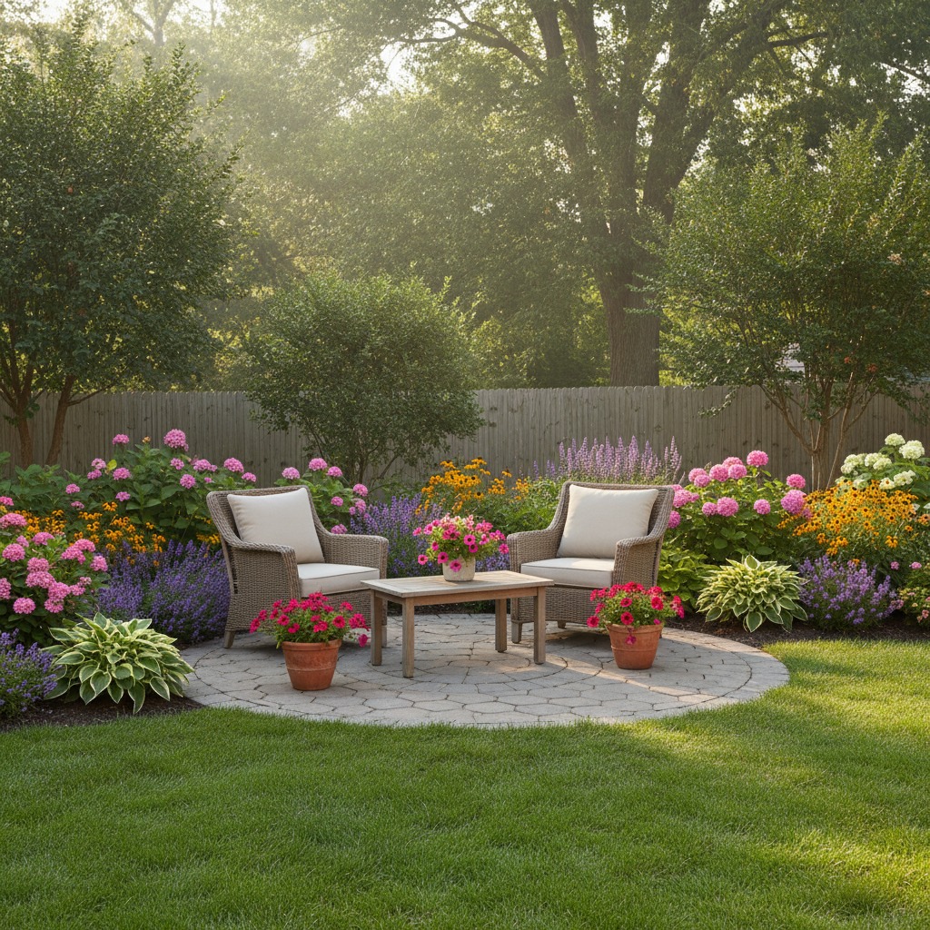 Two wicker armchairs with light cushions and a small wooden table are arranged on a stone patio in a lush backyard surrounded by vibrant flowers and mature trees.